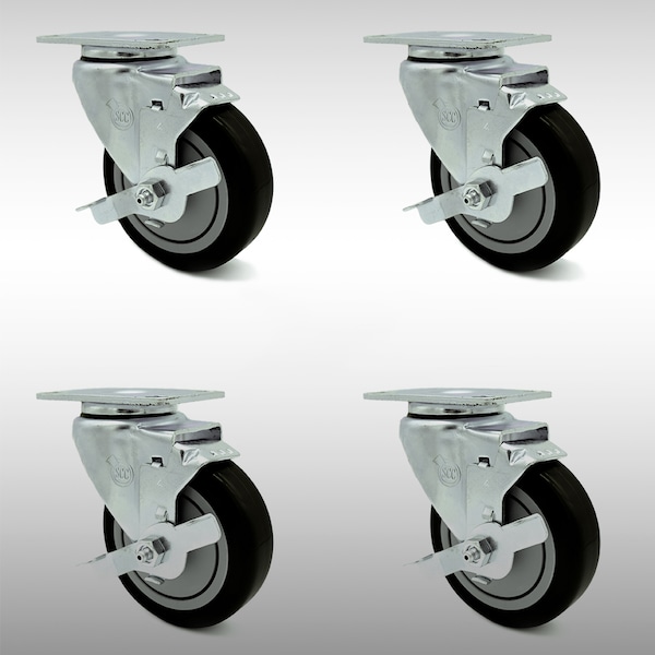 4 Inch SS Black Polyurethane Swivel Top Plate Caster Set with Brake SCC